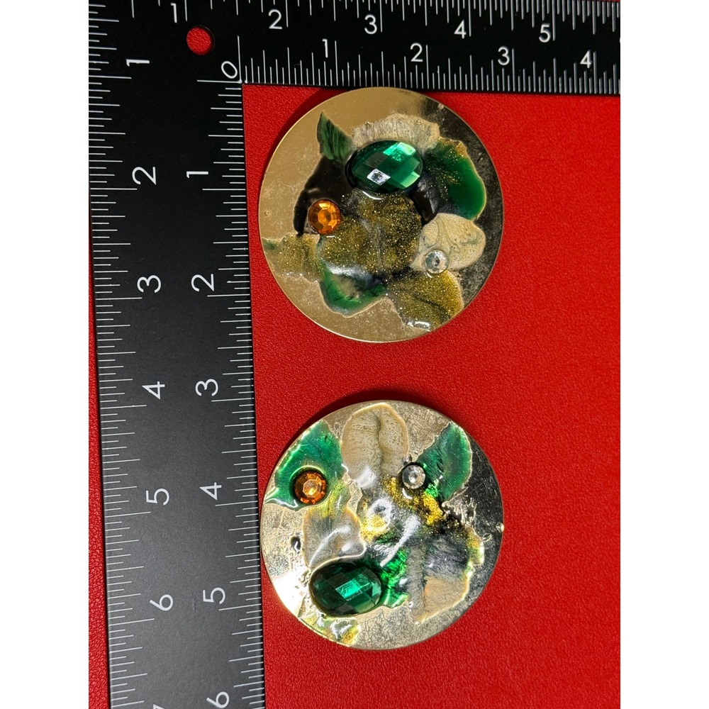 Vintage Handmade Abstract Disc Earrings Green Gold Resin Artisan Statement - Picture 2 of 9